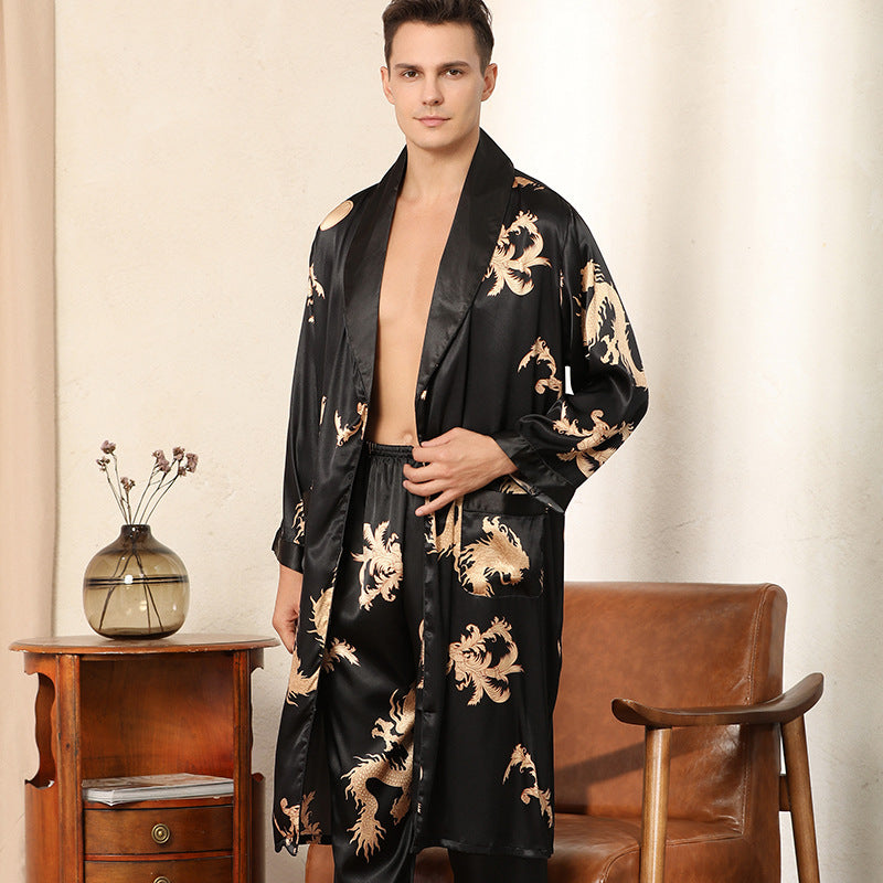 Luxury Silk Robe Pants Pajama Set Two-piece Imitate Silk Long-sleeved Pajamas Large Size Bathrobes Robe Sets For Men Clothing