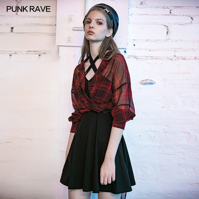 PUNK RAVE Women&#39;s Gothic Plaid Suit Collar Long Sleeve Chiffon Shirt Sweet Cool Girls Sun Protection Clothing Daily Casual Tops